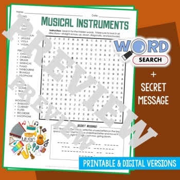 Preview of Family MUSICAL INSTRUMENTS Word Search Puzzle - String Percussion Brass Woodwind