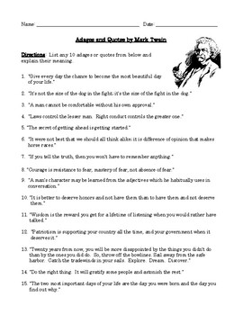 Preview of Mark Twain Adages, Aphorisms, and Quotes: Worksheet or Assessment Analysis