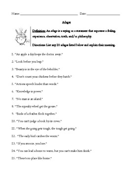 Preview of Famous Adages, Proverbs, and Sayings Interpretation Worksheet