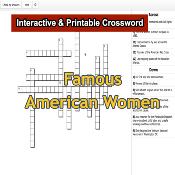 Preview of Famous American Women Interactive & Printable Crossword Puzzle G6-8