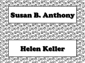 Famous Americans Vocabulary Strips - Susan B. Anthony Helen Keller Owls