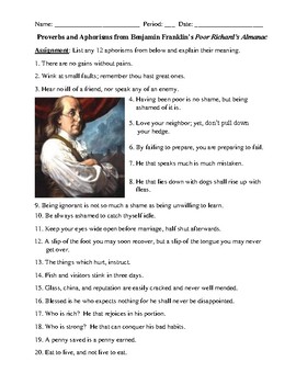Preview of Famous Aphorisms by Benjamin Franklin Worksheet (or Assessment)