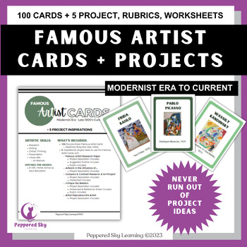Preview of Famous Artist Cards & Projects - Outlines, Worksheets, Rubrics, 100 Art Cards