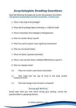 Preview of Famous Assyriologists Reading Questions Worksheet