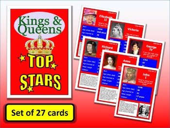 Preview of Famous British Kings & Queens Top Stars Card Game set of 27 PDF History Posters