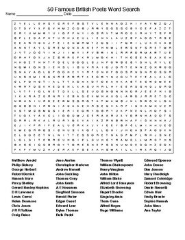 Famous British Poets Crossword and Word Search with KEYs TpT