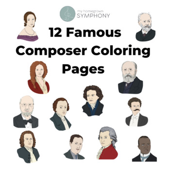 Preview of 12 Famous Composer Coloring Page Printables with Biography Facts