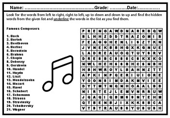 famous composers word search worksheet music history sub plan by