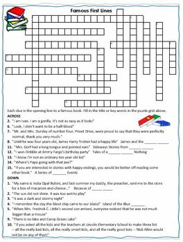 Famous First Lines Crossword Puzzle Word Search Combo TPT