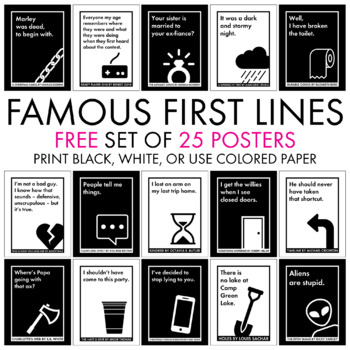 Preview of Famous First Lines, FREE Posters, Decor for High School Classrooms and Teens