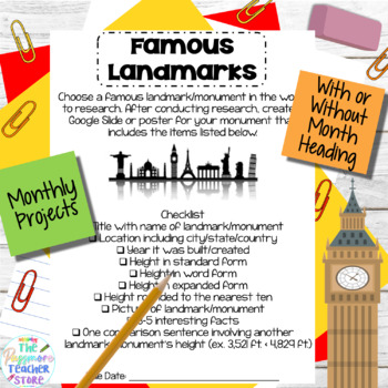 Preview of Famous Landmarks Place Value Project | Monthly Homework l PBL Activity