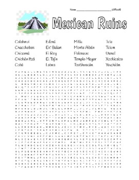 Preview of Famous Mexican Ruins - Difficult Wordsearch & Zentangles to Color (Mexico Flag)