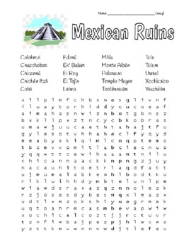 Preview of Famous Mexican Ruins - Easy Wordsearch w/ Key, Mexico Flag & Zentangles to Color