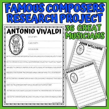 Preview of Famous Music Composers Research Project | Biography Worksheets