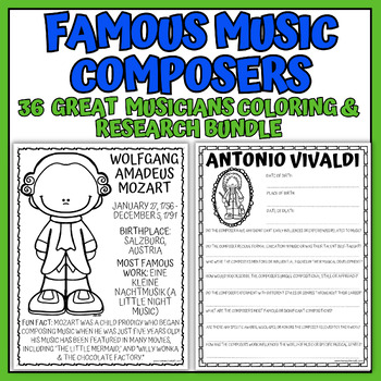 Preview of Famous Music Composers Research and Coloring Pages Bundle