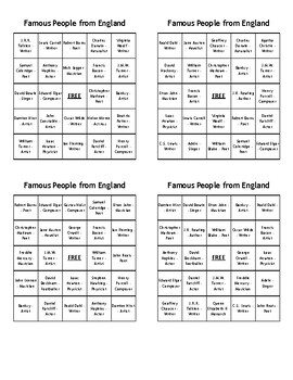 Preview of Famous People from England Bingo - (80) Different Cards - Just Print, Cut, Play!