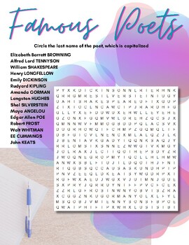 Preview of Famous Poets Word Search *APRIL is National Poetry Month*