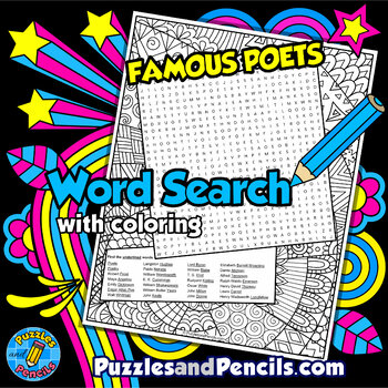 Preview of Famous Poets Word Search Puzzle Activity Page with Coloring | Poetry Month