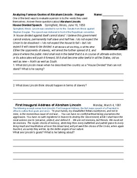 Preview of Famous Quotes of Abraham Lincoln - Primary Source Evaluation, Analysis, Speeches