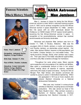 Preview of Famous Scientist - Mae Jemison (NASA / article/questions - Black History Month)