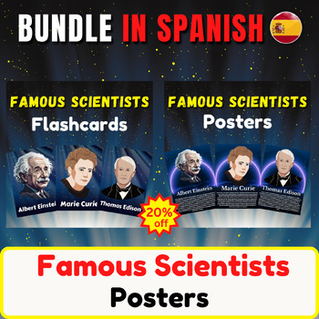 Preview of Famous Scientists Flachcards in Spanish. Bundle Fun Facts. Bulletin Board Poster