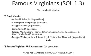 Preview of Famous Virginians Quick Checks & Unit Assessment (SOL 1.3)