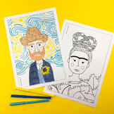 Famous artist coloring pages (Picasso, Matisse, Warhol, Van Gogh, Frida Kahlo)