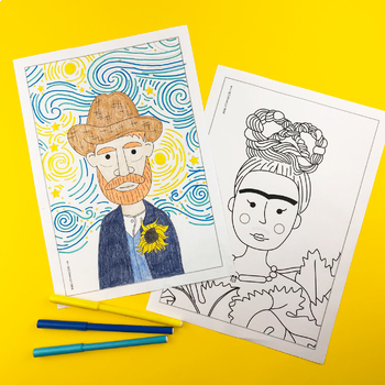Preview of Famous artist coloring pages (Picasso, Matisse, Warhol, Van Gogh, Frida Kahlo)