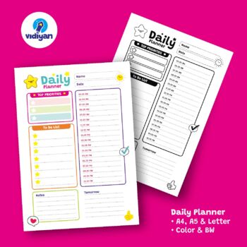 Preview of 2023 Fancy Daily Planner for Kids - Color & BW - 3 Sizes (A4, A5, Letter)