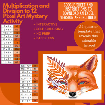 Preview of Fantastic Fox Multiplication and Division to 12 Pixel Art Mystery Reveal