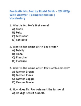 Preview of Fantastic Mr Fox  - 25 MCQs With Answer | Comprehension | Vocabulary