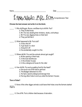 Fantastic Mr Fox By Roald Dahl Comprehension Quiz By Elise Brewer