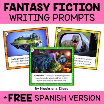 Preview of Fantasy Fiction Writing Prompt Task Cards + FREE Spanish