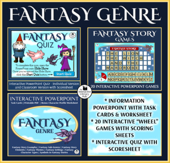 Preview of Fantasy Genre Bundle - Information PowerPoint, 20 Games, Task Cards and Quiz