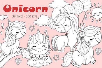 Preview of Fantasy Unicorn Fly Horse Party Flowers Cake - Black White Outline-Digital Stamp