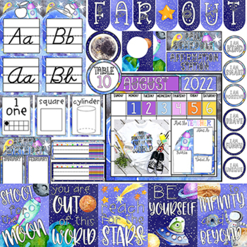 Preview of Far Out in Space Galaxy Watercolor Classroom Theme Decor Bundle w/T-shirt Design