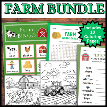 Preview of Farm Activities BUNDLE - Farm Animals Unit / Party - Coloring, Puzzles, Bingo!