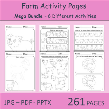 Preview of Farm Activity Pages. 6 Different Types of Farming Activity Worksheets for Kids