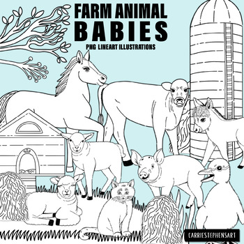 Farm Animal Babies Black And White Line Art Illustrations Clipart