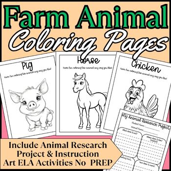Preview of Farm Animal Coloring pages & Animal Research Project, ELA Activities, PreK - 4th