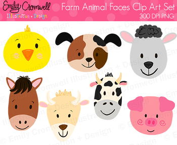 Farm Animal Faces Clipart, Cute Kids Clipart by Emily Cromwell Designs