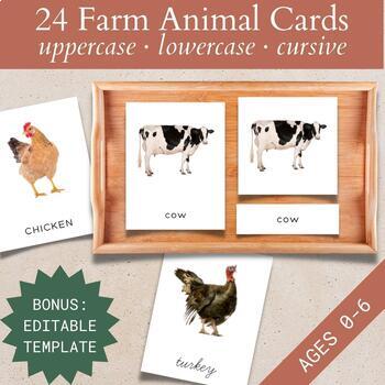Preview of Farm Animal Vocabulary Cards, Montessori Matching Identical Pictures, 3 Part