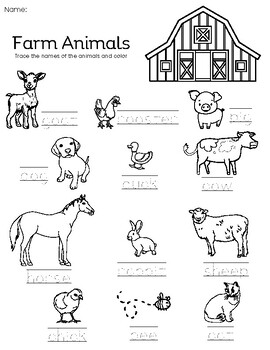 Preview of Farm Animal Names Coloring and Worksheet Writing Practice