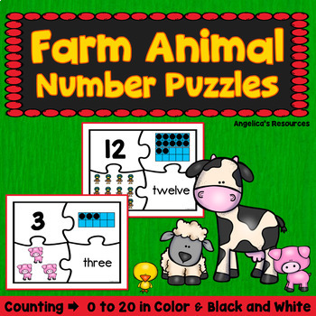 Preview of Farm Animal Number Puzzles | Counting to 20 Math Worksheets | Math Game