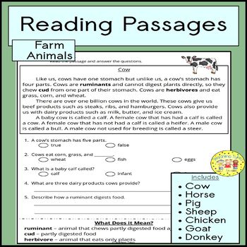 Farm Animal Reading Passages by Teaching Tykes TpT