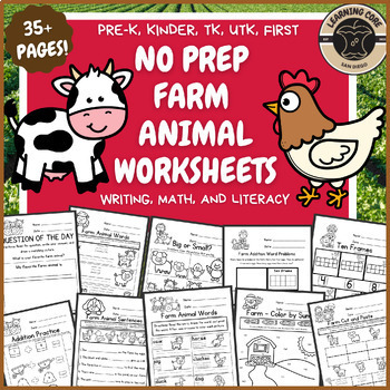 Preview of Farm Animal Worksheet Printables No Prep PreK Kindergarten First TK UTK