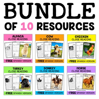 Preview of Farm Animal Close Reading Passages Bundle + FREE Spanish