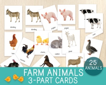 Farm Animals 3-Part Cards, Flashcards, Nomenclature Cards, Montessori Cards