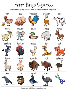 Farm Animals Bingo Game | Animals of the Farm Bingo by Jason's Online ...