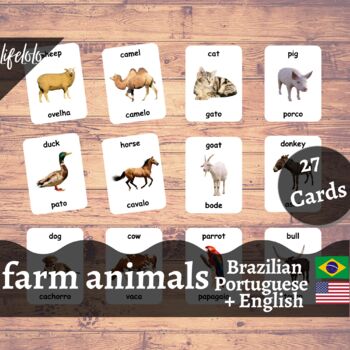 Preview of Farm Animals-Brazilian Portuguese Bilingual Flash Cards | Pet Animals | 27 Cards